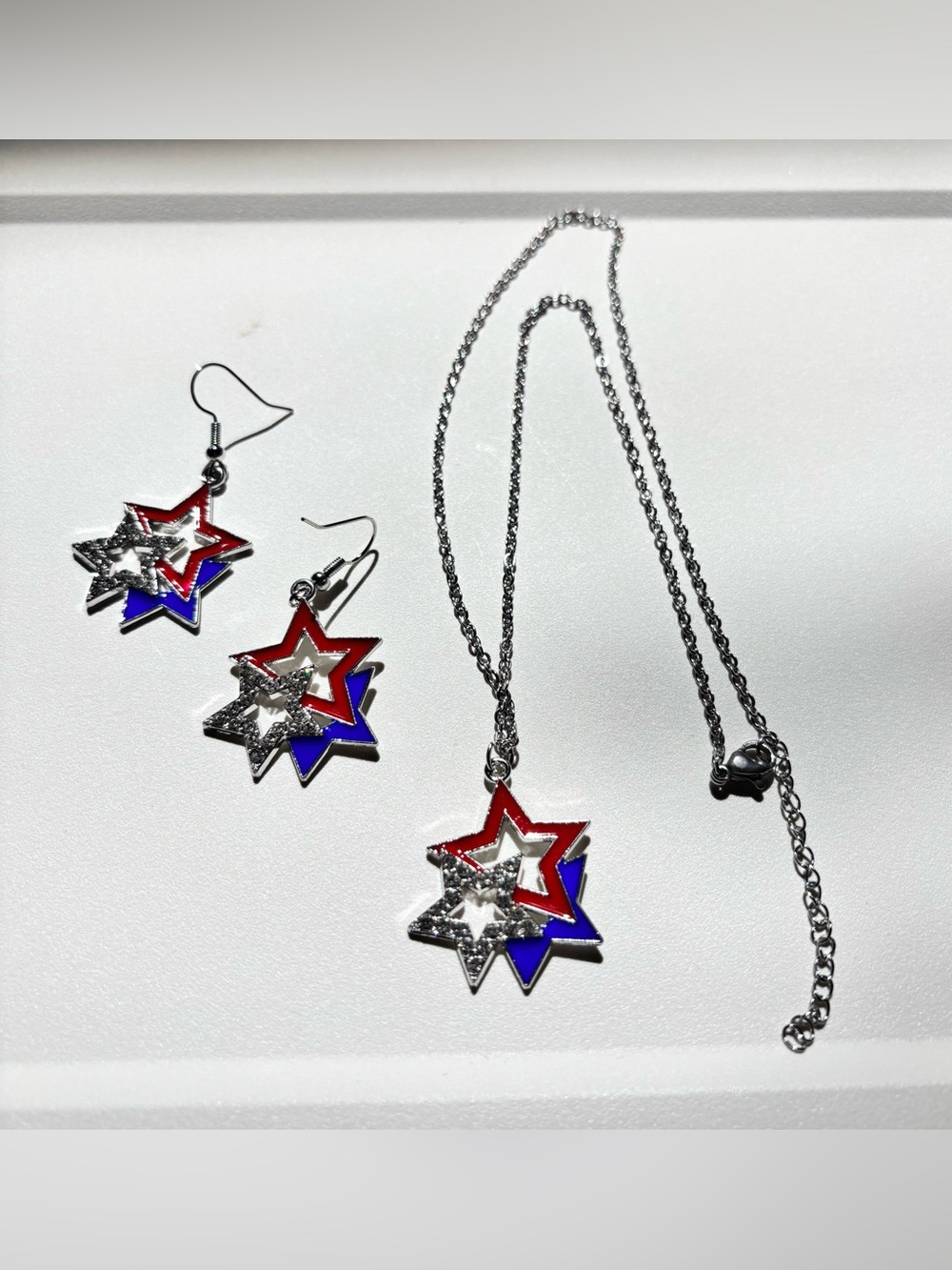 Patriotic Red, White & Blue Star Necklace- Earring Set. Enamel& Crystal Silvery